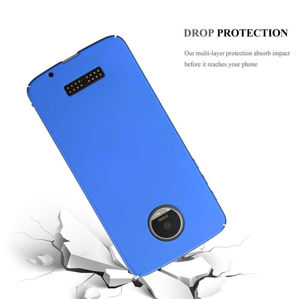 Custodia per telefono blu. Il telefono è su pezzi bianchi rotti. Testo: Protezione dalle cadute, assorbimento degli urti.