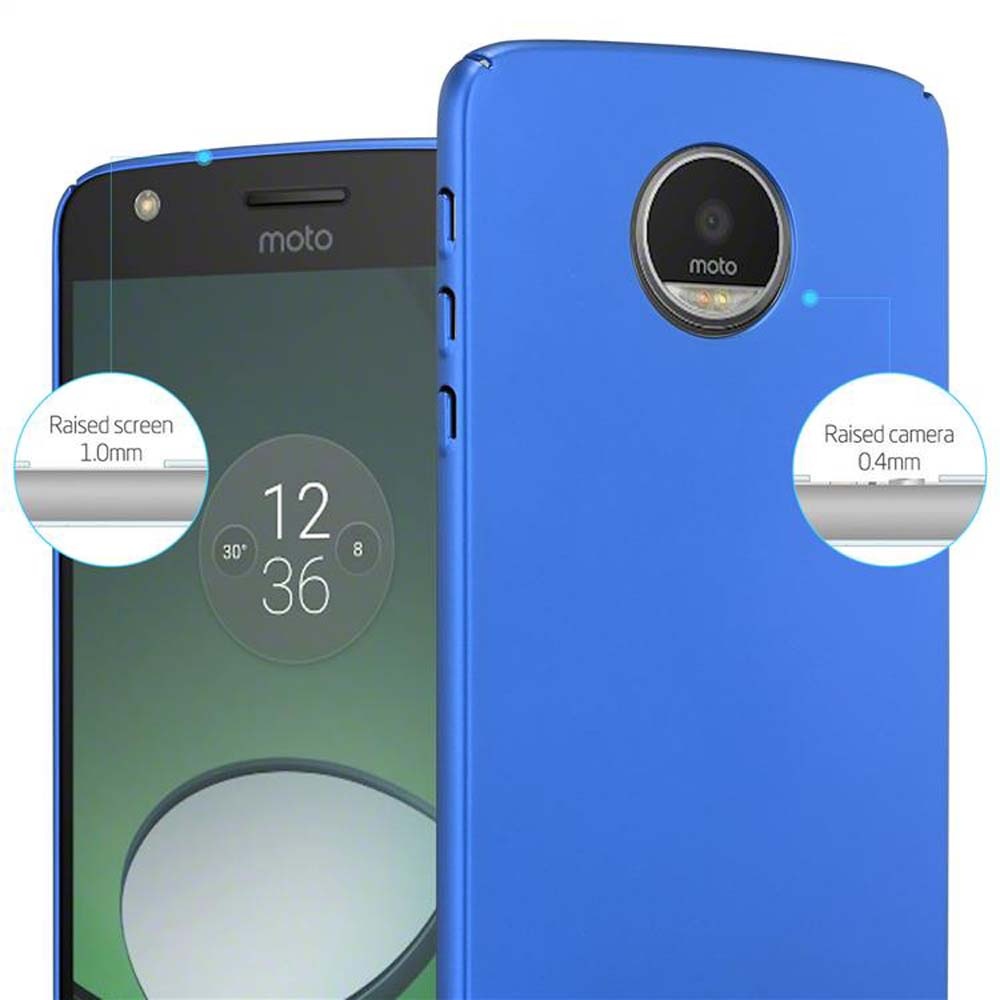 Custodia per telefono blu con un telefono all'interno. Il testo mostra le caratteristiche del telefono, come lo schermo e la fotocamera rialzati.