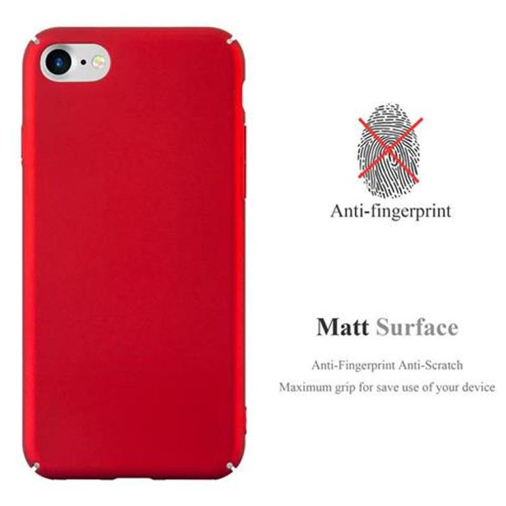 Custodia rossa per telefono con superficie rossa e testo che la descrive come anti-impronte e antigraffio.