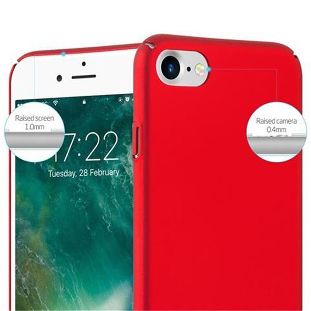 Custodia per telefono rossa, con un telefono bianco. Schermo e fotocamera rialzati evidenziati.