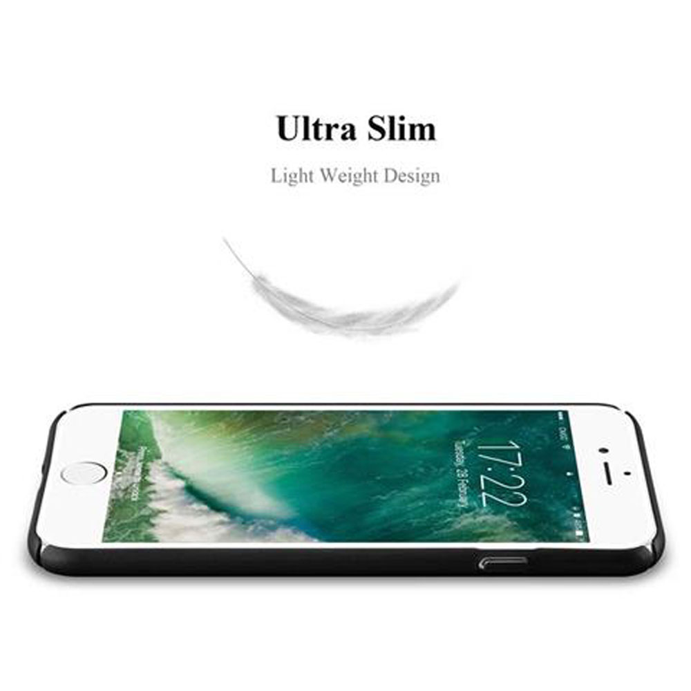 Telefono nero in custodia. Il testo in alto recita Ultra Slim. Una piuma fluttua sopra il telefono.
