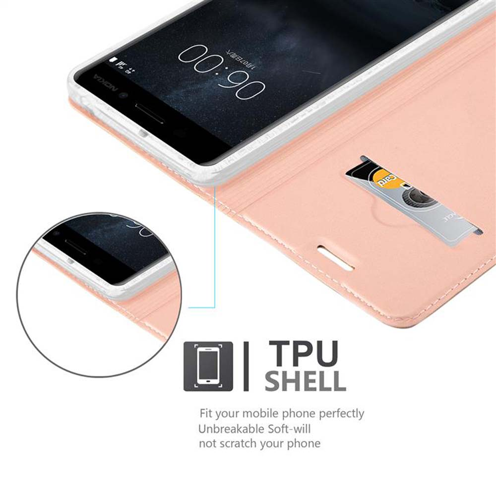 Telefon in rosa Hülle mit Kartenfach. Text lautet 'TPU Shell'.