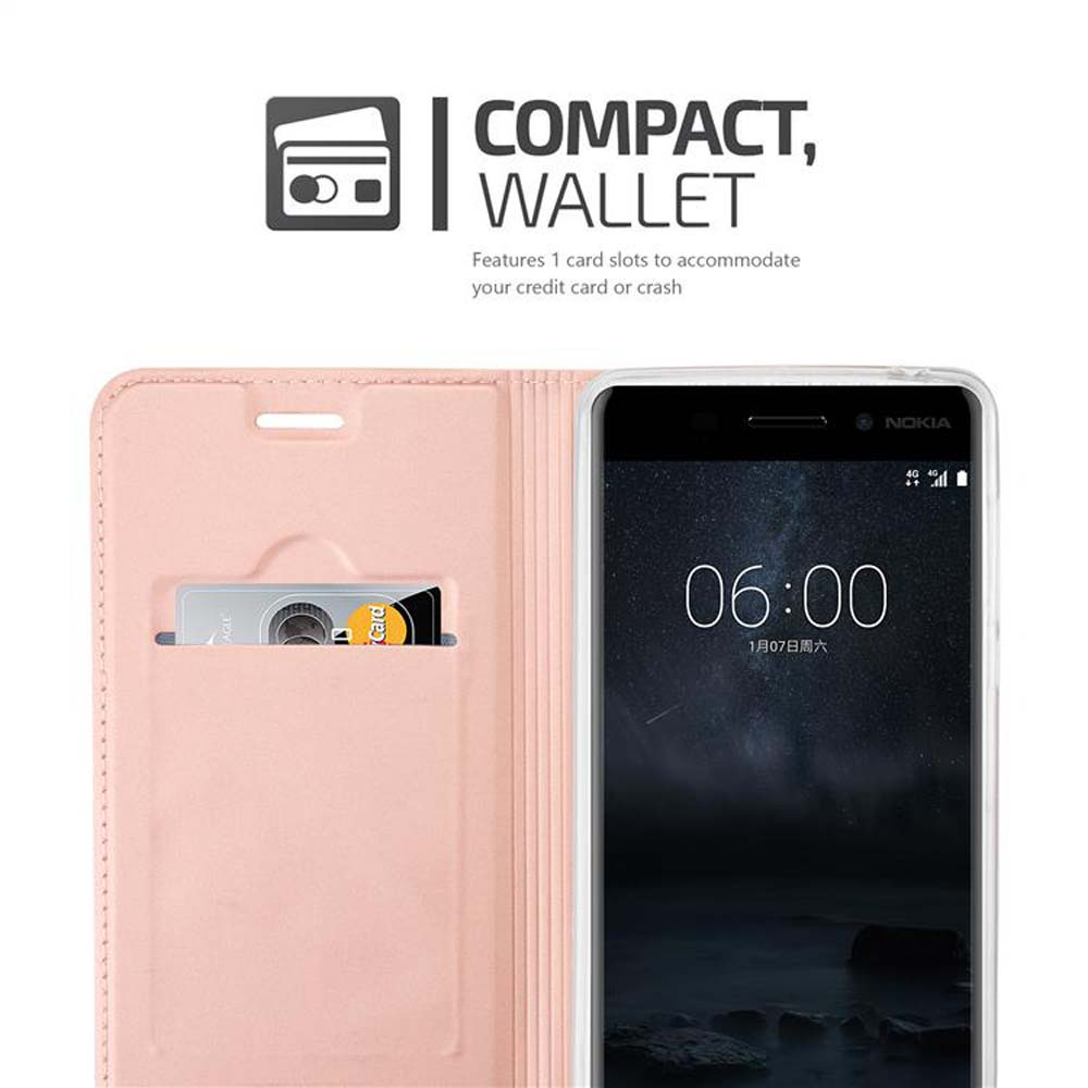 Ein Telefon in einer rosa Geldbörsenhülle mit einem Kreditkartenfach. Der Bildschirm zeigt die Uhrzeit und ein Menü an.