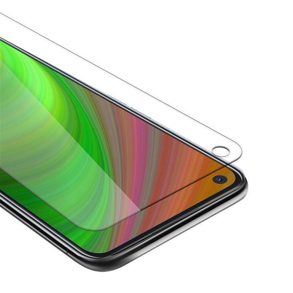 Primo piano dello schermo del telefono con protezione applicata. Verdi e rosa.