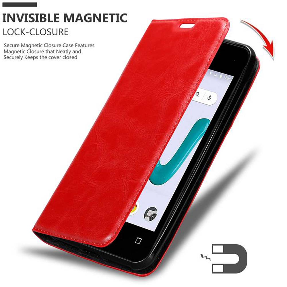 Rote Handyhülle mit Telefon. Text: Unsichtbarer Magnetverschluss. Telefonbildschirm an.