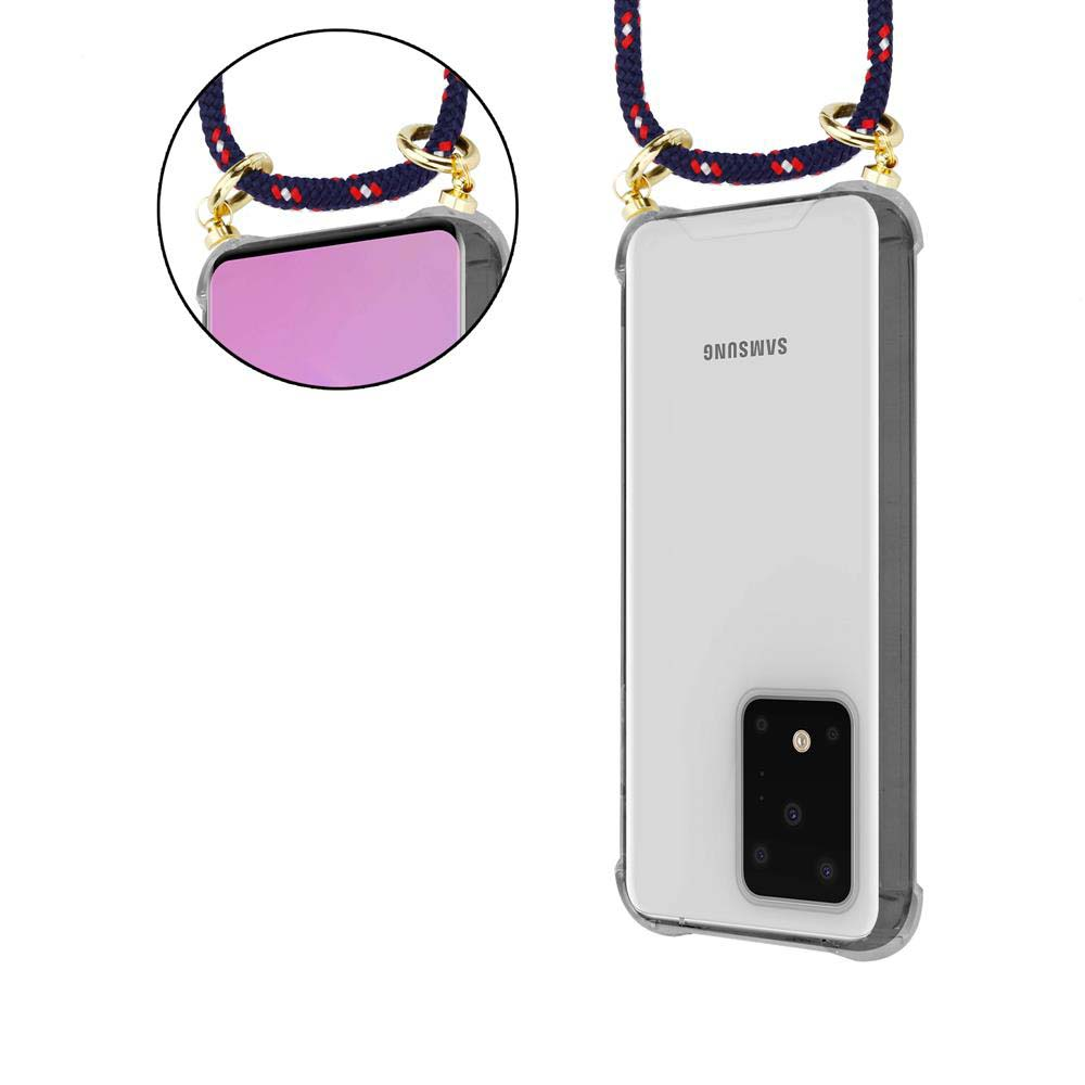 Un telefono in una custodia trasparente con un cordino. Il telefono è a destra.