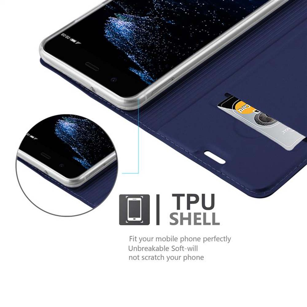 Telefono in custodia blu con una carta. Il telefono è visibile. Testo: 'TPU SHELL'. Il telefono mostra le 08:08.