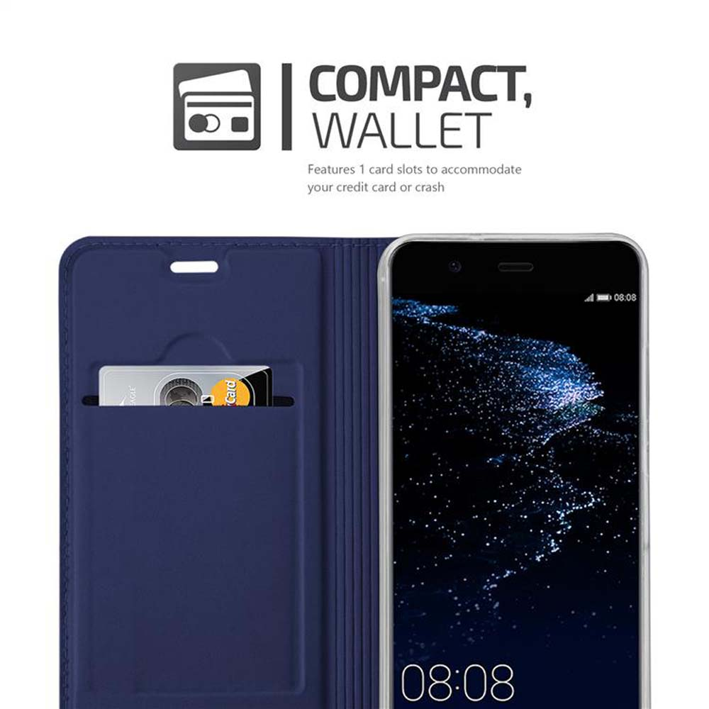 Custodia a portafoglio blu con scomparti per carte. Lo schermo del telefono mostra l'ora.
