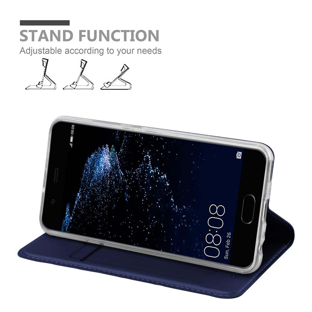 Telefono in una custodia blu, in piedi. Testo: Funzione supporto regolabile.