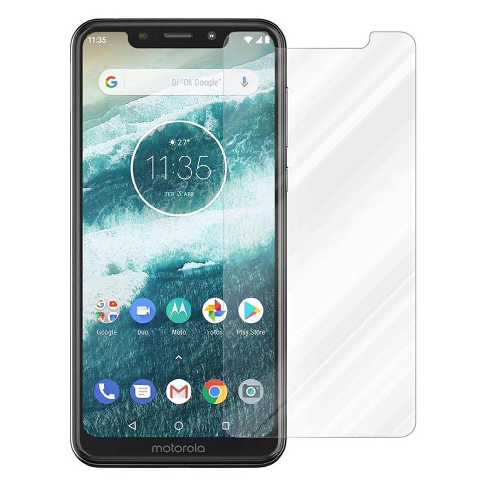 Smartphone Motorola con protezione schermo. Il telefono mostra ora e app. Il protettore è trasparente.