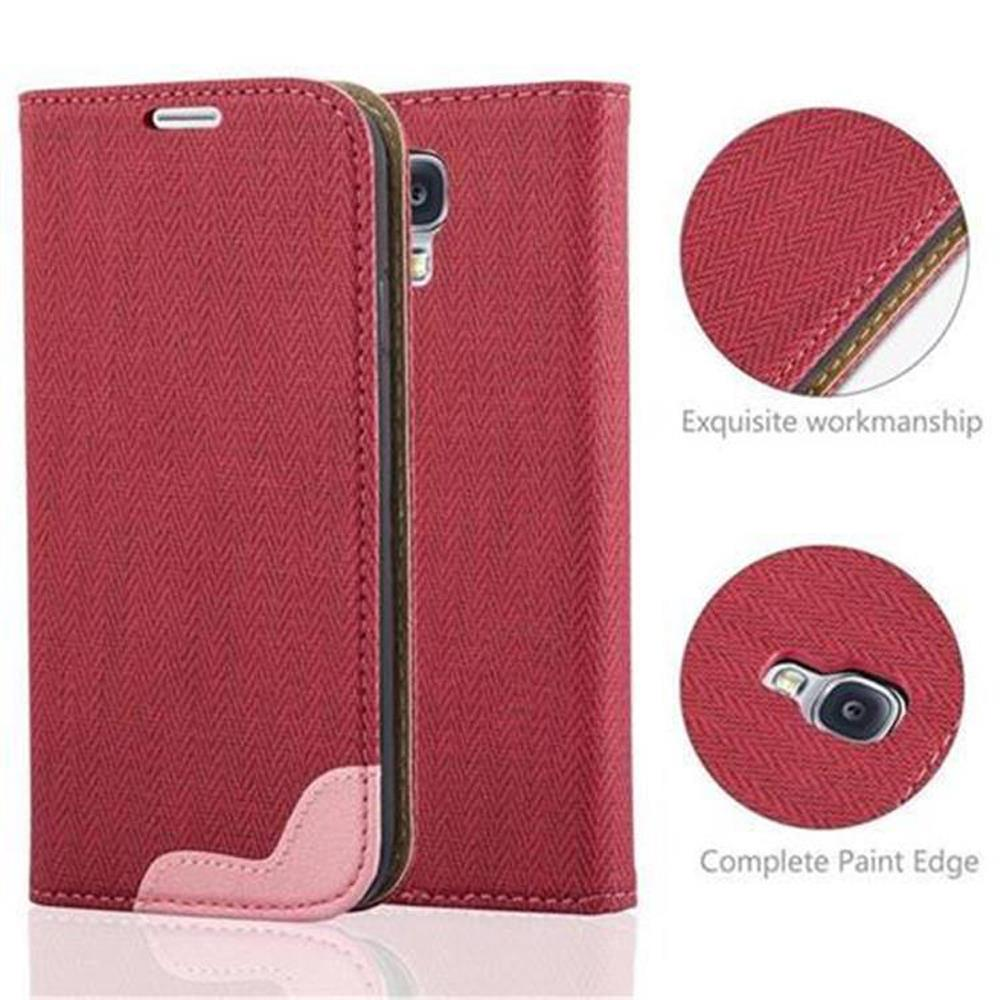Rote Handyhülle, geschlossen. Mit strukturiertem Design. Kleiner pinker Bereich, Kameraausschnitt.