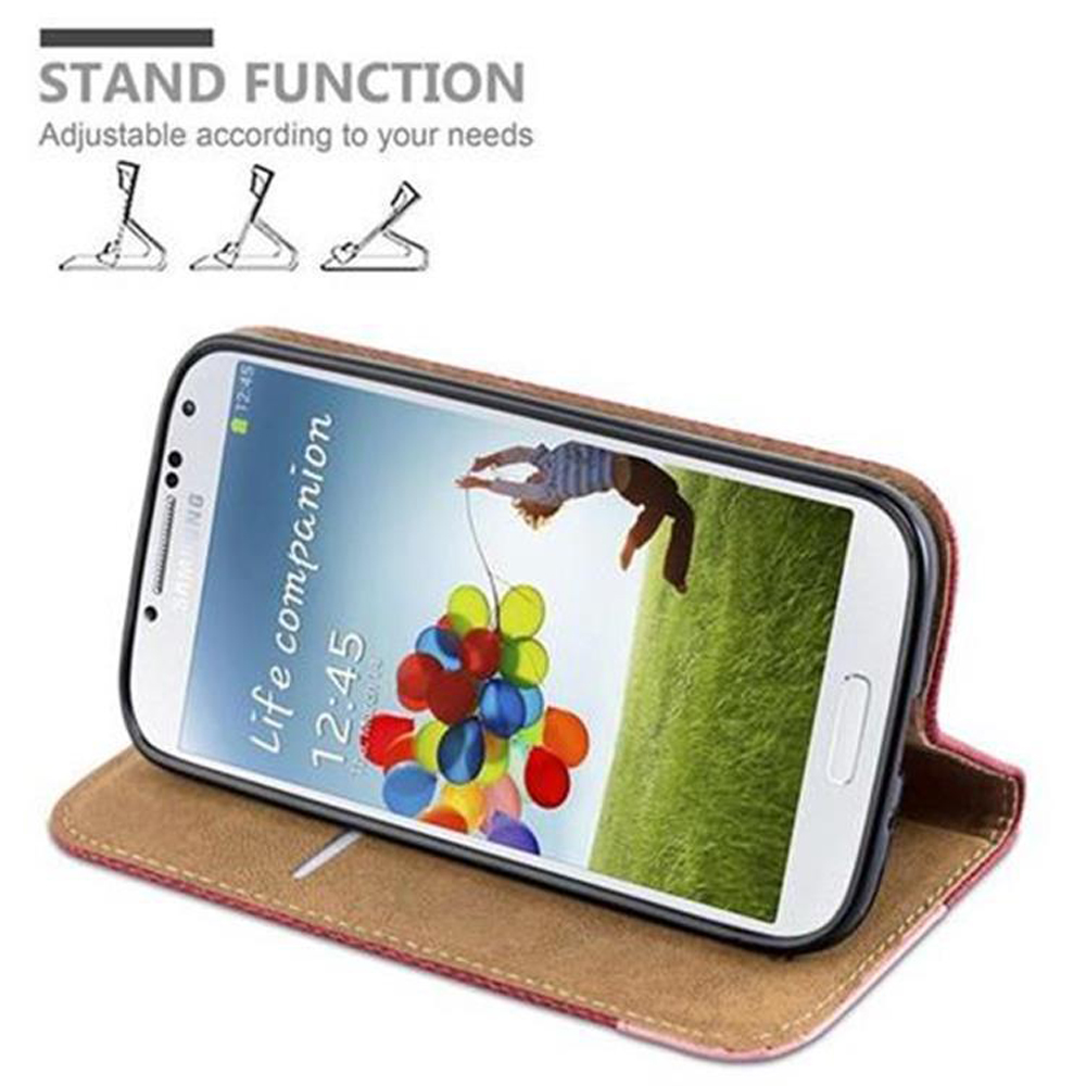 Telefon in einer Hülle, Bildschirm zeigt ein Bild einer Person mit Ballons. Standfunktion-Symbole oben.