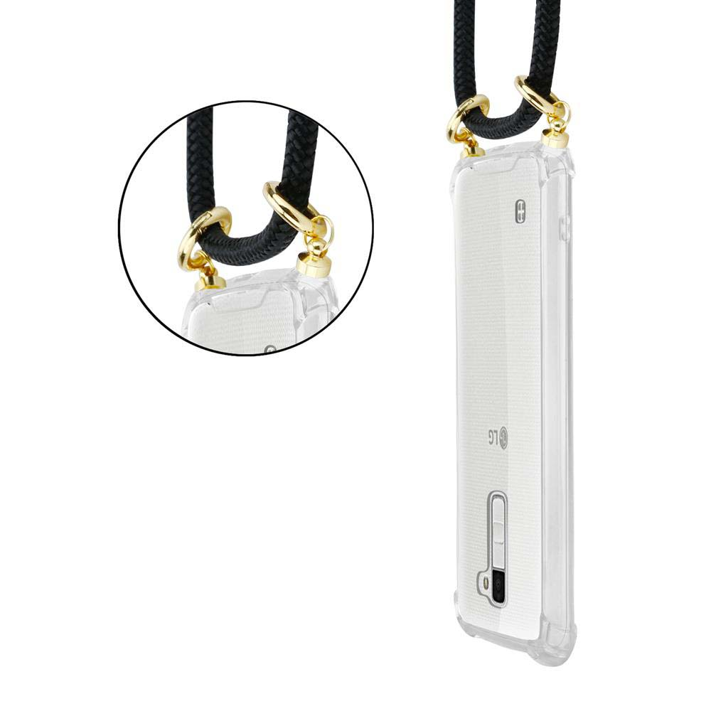 Eine transparente Handyhülle mit einem schwarzen Lanyard. Das Lanyard ist mit goldenen Ringen an der Hülle befestigt.