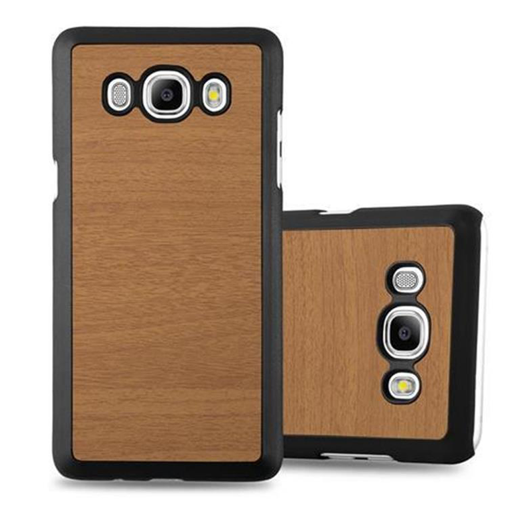Due custodie per telefono, motivo a venature del legno. Una è in piedi, l'altra mostra la fotocamera.