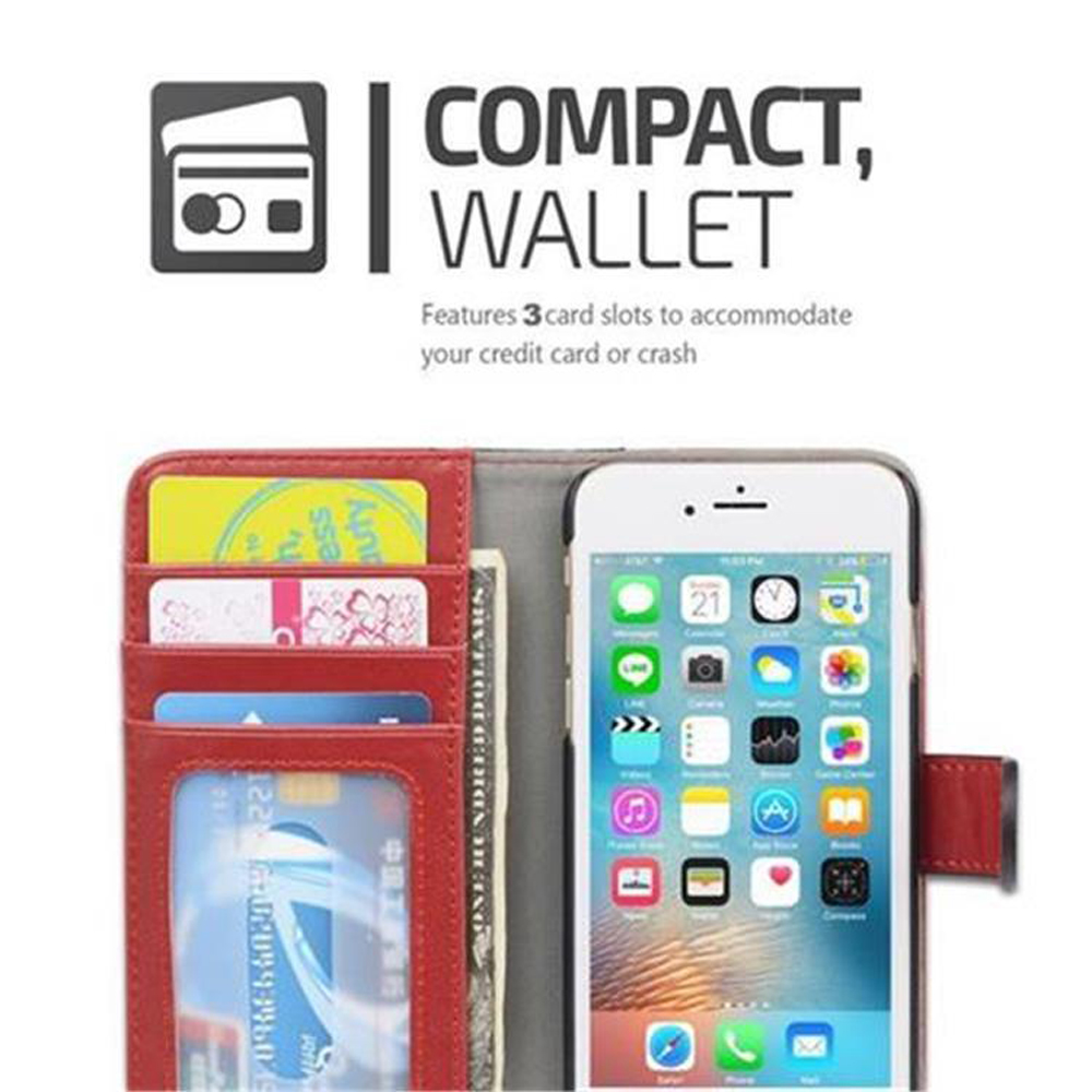 Un portafoglio rosso per telefono aperto, che mostra più carte e un telefono con app visibili.