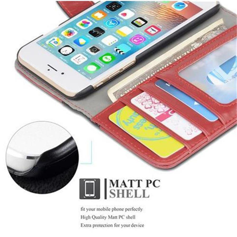 Telefono in custodia rossa con scomparti per carte. Telefono e carte sono visibili.