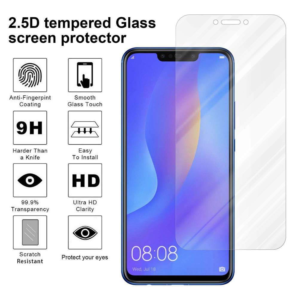 Telefono con protezione schermo. Testo: Protezione schermo in vetro temperato 2.5D. Varie icone con testo sulla protezione.