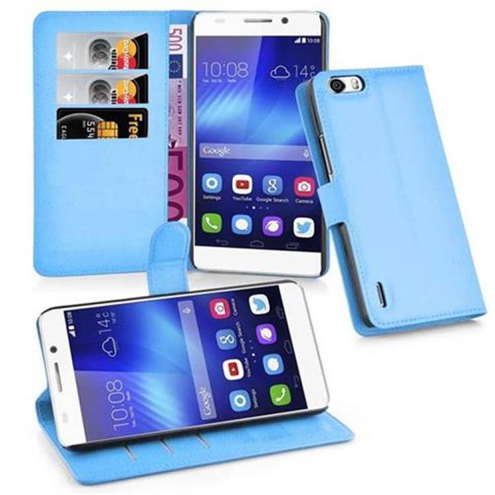 Custodia blu con telefono e portafoglio, carte e denaro visibili. Schermi del telefono con icone.