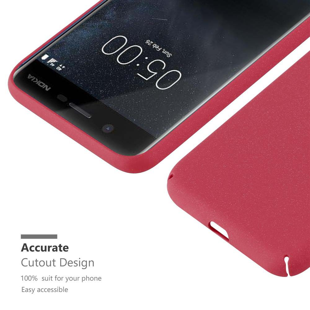 Rote Handyhülle, Telefon darauf. Text: Genaues Ausschnittdesign.