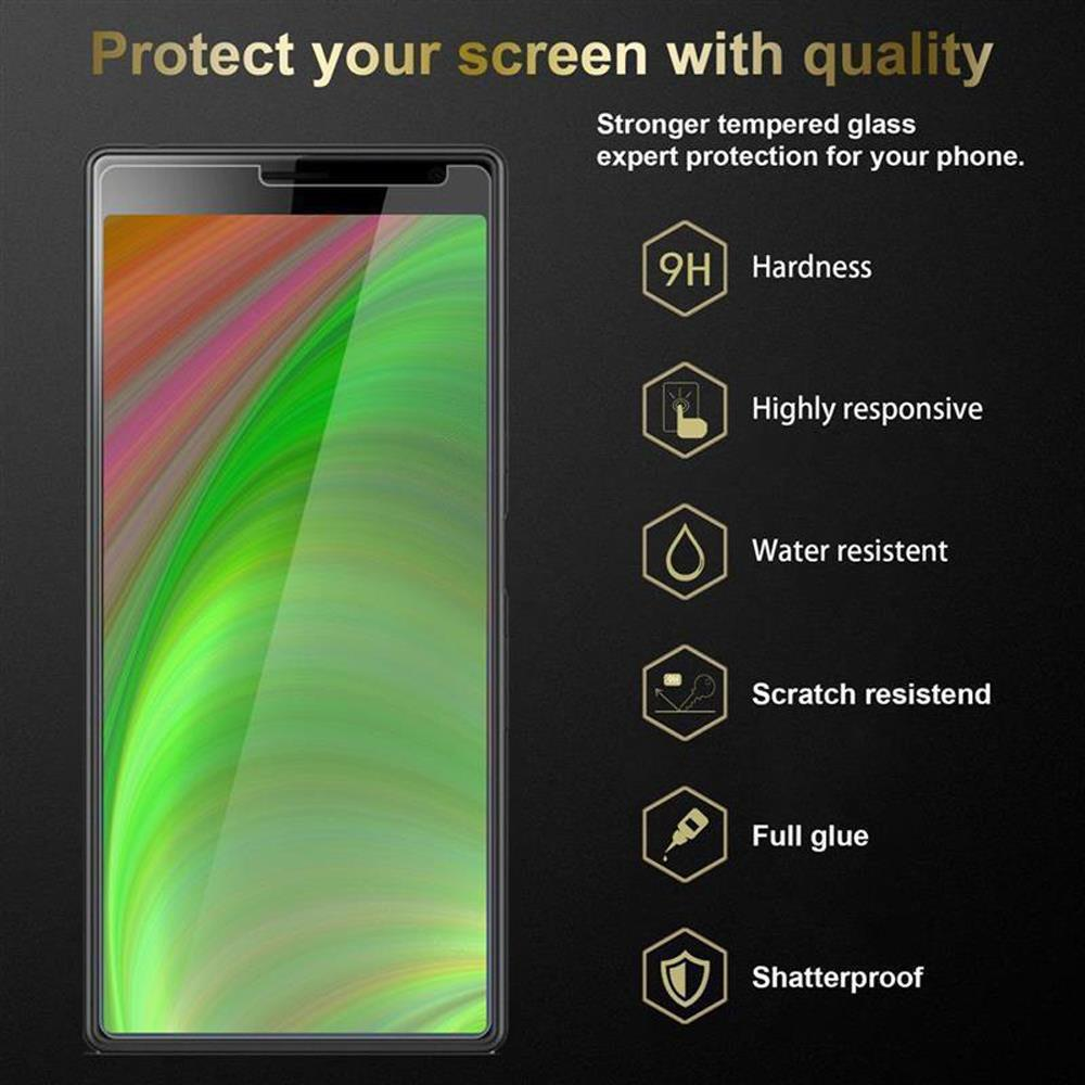 Schermo del telefono con protezione schermo di qualità. Testo: Proteggi il tuo schermo con qualità. Durezza 9H, resistente ai graffi.