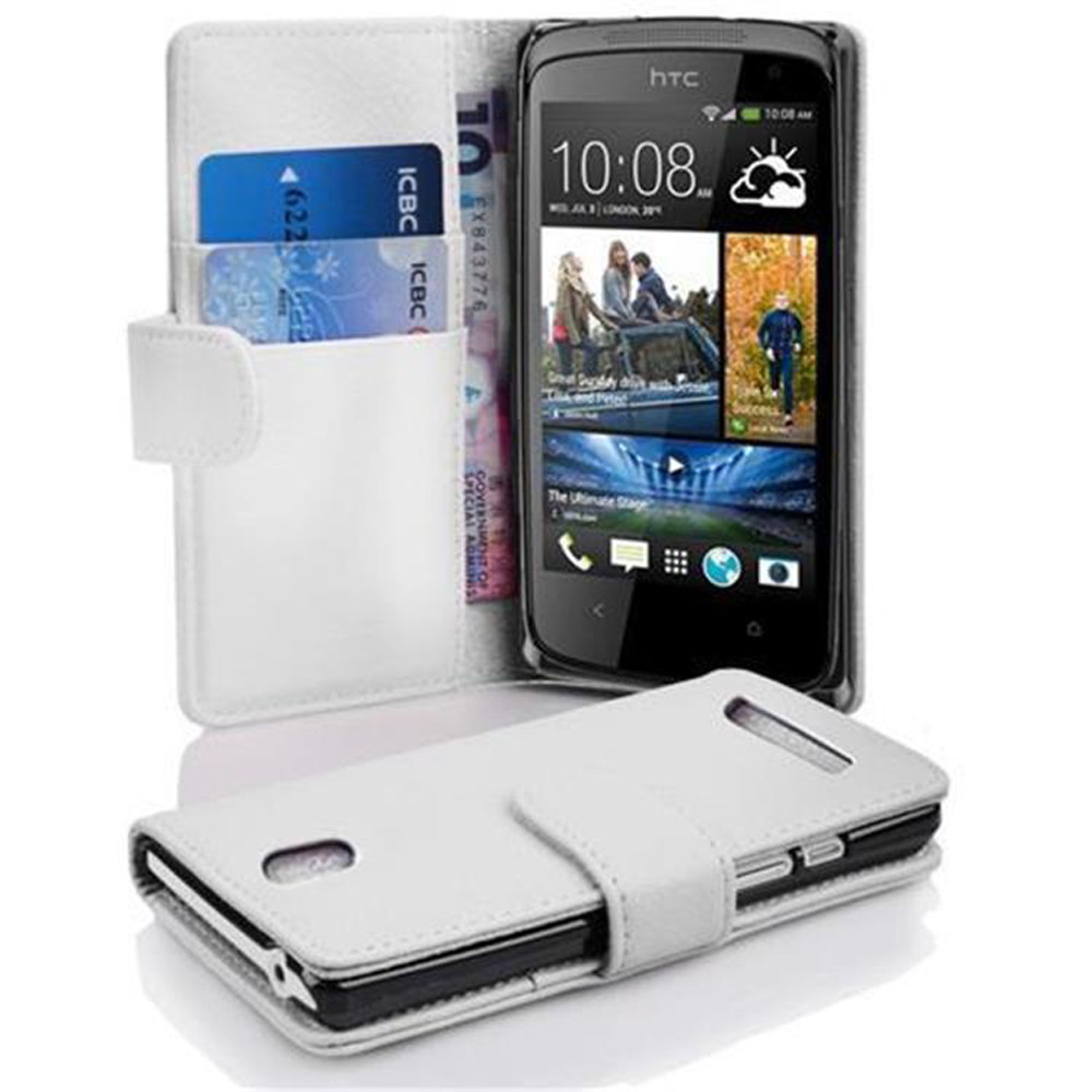 Weiße Handyhülle offen mit Telefon und Karten darin.