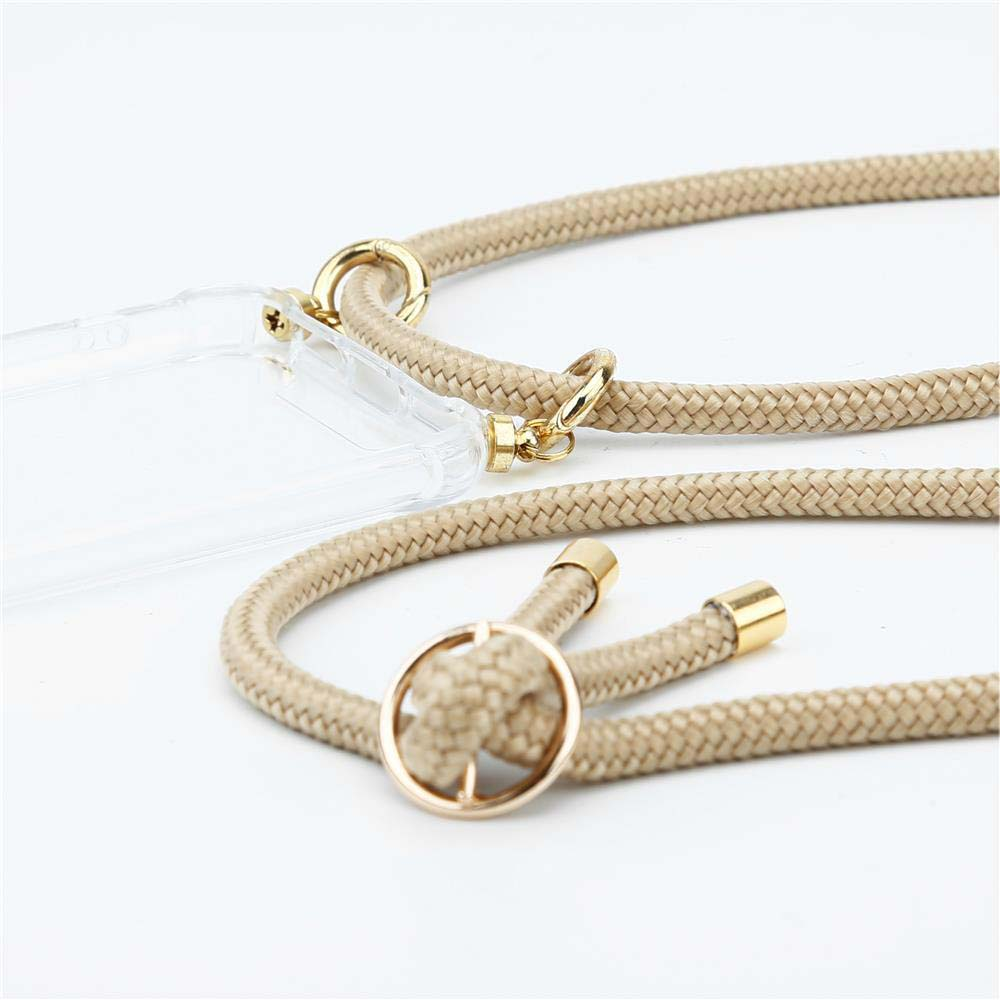 Un cinturino per telefono color beige con una custodia trasparente e ganci color oro. Il cinturino è intrecciato.