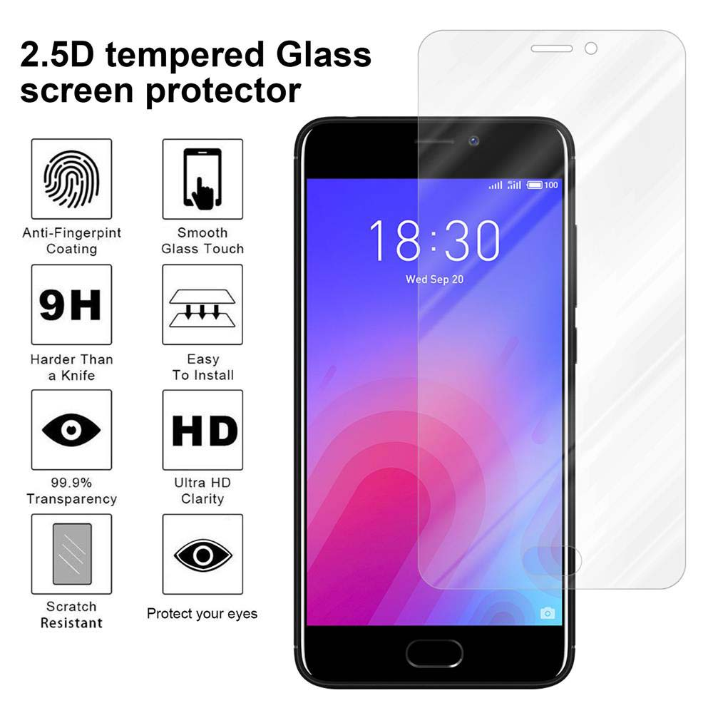Telefono con protezione schermo. Testo: “Protezione schermo in vetro temperato 2.5D”. Sono presenti varie icone.
