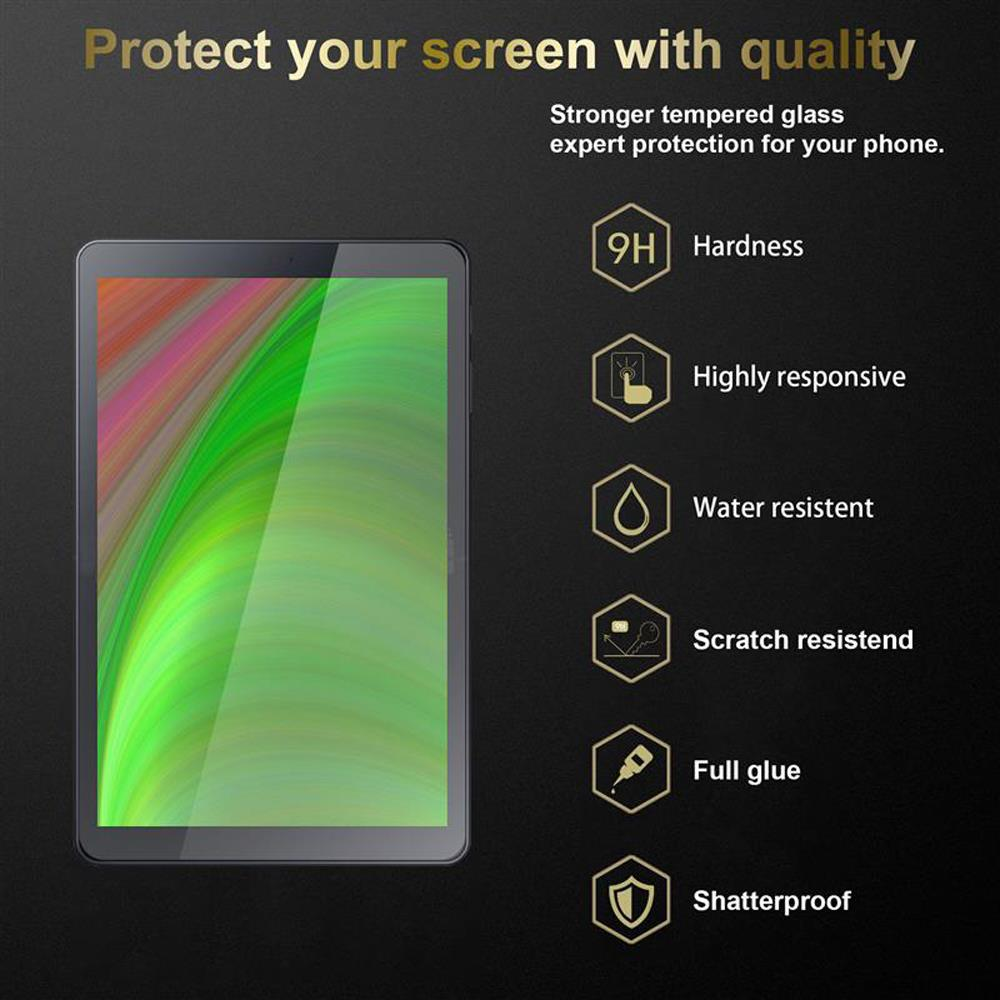 Tableta con pantalla colorida y texto sobre protección de pantalla.