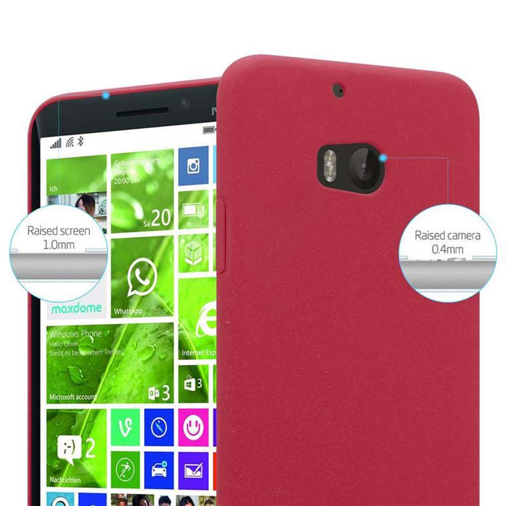 Eine rote Handyhülle mit einem Telefon darin. Text: Erhöhter Bildschirm, 1,0 mm, erhöhte Kamera 0,4 mm.