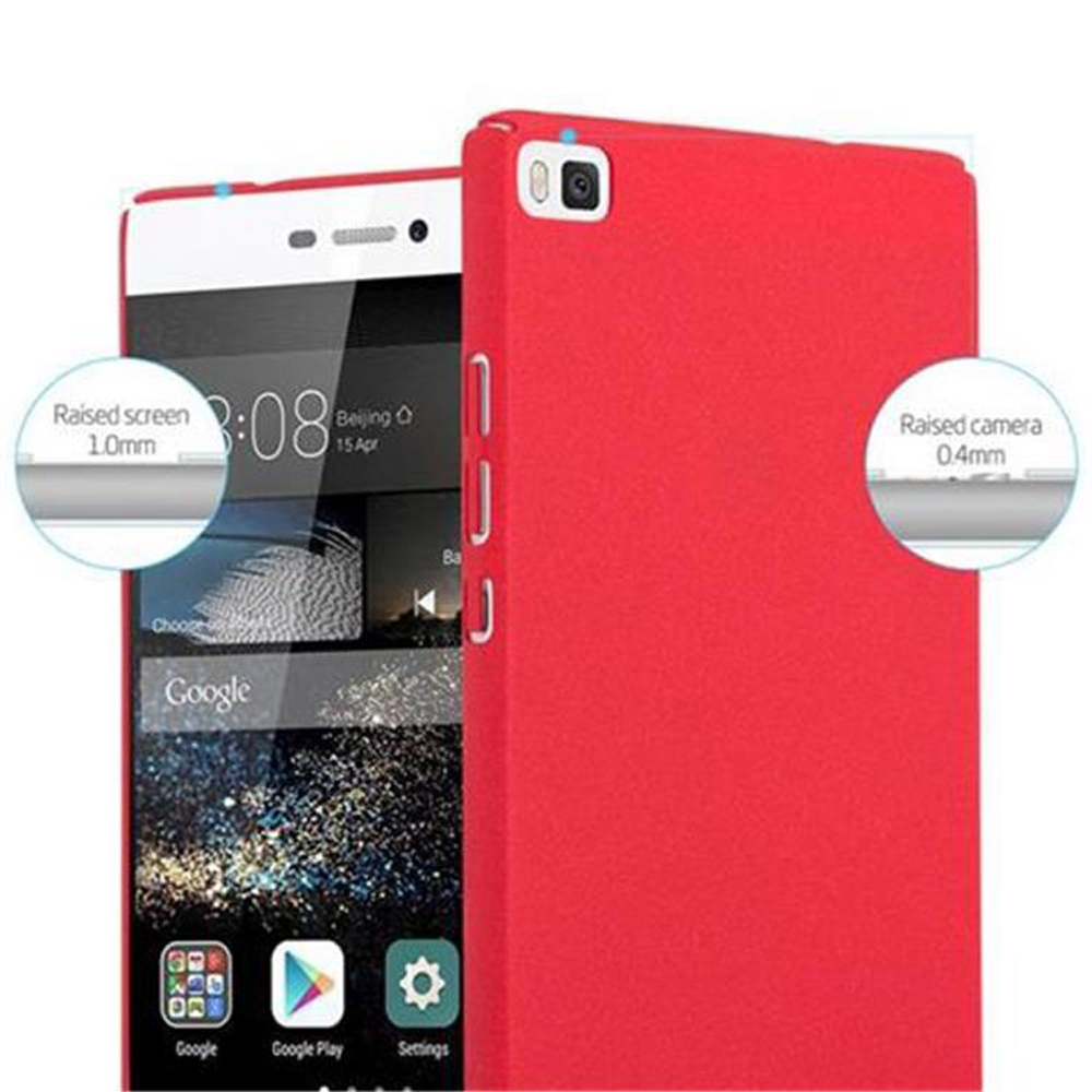 Funda roja con teléfono dentro. Pantalla y cámara realzadas en círculos.