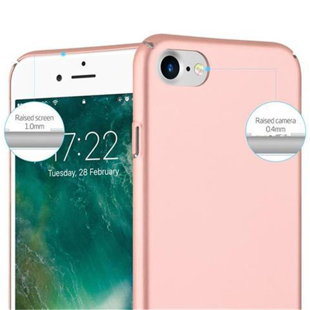 Una custodia rosa che mostra la fotocamera e lo schermo rialzati con misure: 0,4 mm e 1,0 mm, rispettivamente.
