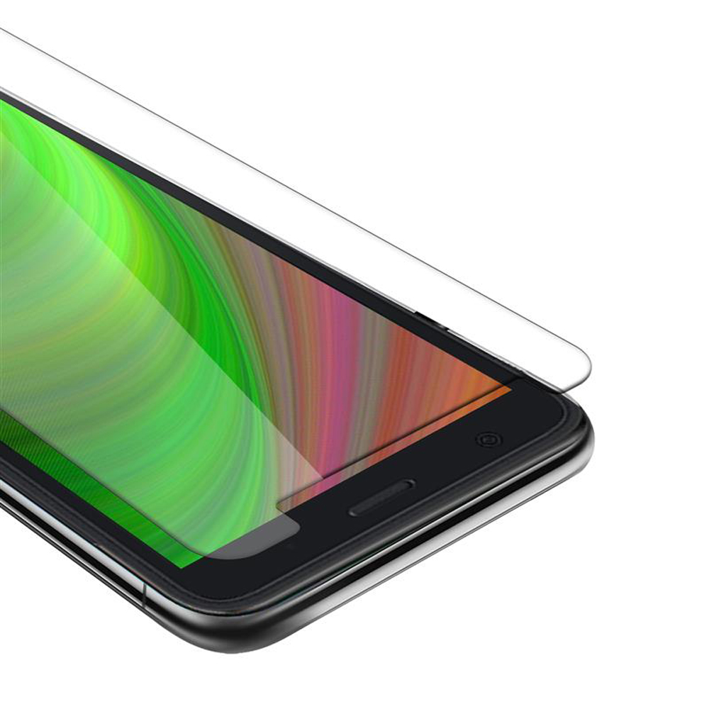 Telefono con protezione schermo. Lo schermo mostra uno sfondo astratto colorato. I bordi sono visibili.