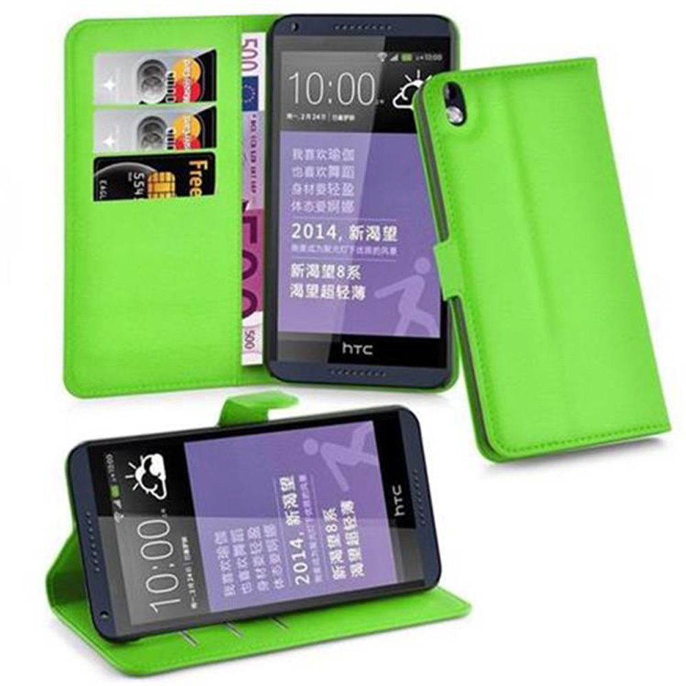 Grüne Handyhülle mit Telefon und Kreditkartenfächern. Ein weiteres Telefon daneben.