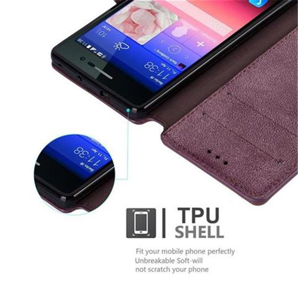 Telefono in custodia viola. Lo schermo mostra ora, meteo e un piccolo cerchio.