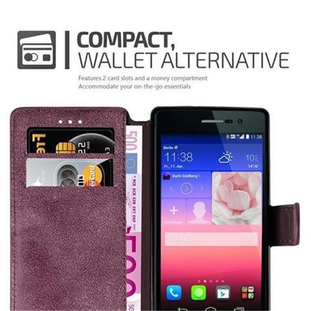 Telefono in custodia a portafoglio con carte e denaro. Testo: Compatto, Alternativa al portafoglio. 2 slot.