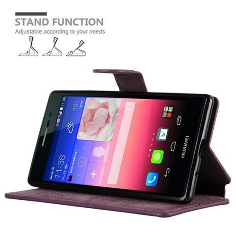 Custodia per telefono viola con telefono all'interno, che mostra un'interfaccia colorata. Può stare in piedi.