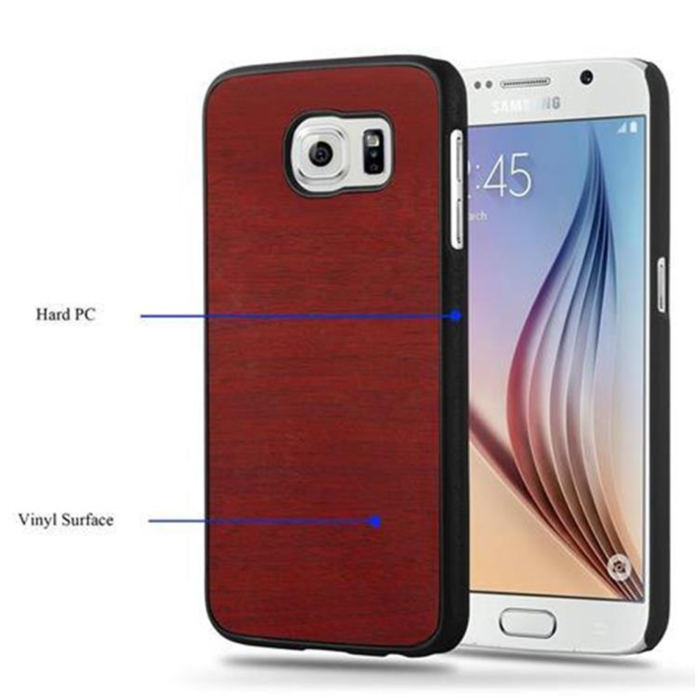 Custodia per telefono con un design a venature del legno. Testo: PC rigido, superficie in vinile. Il telefono è bianco. La custodia è rossa.