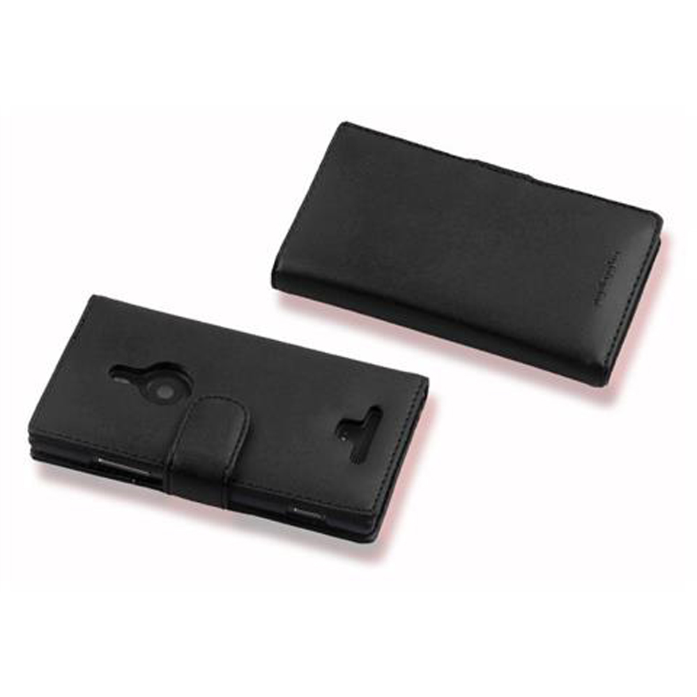 Deux étuis de téléphone en cuir noir. Un ouvert et un fermé.