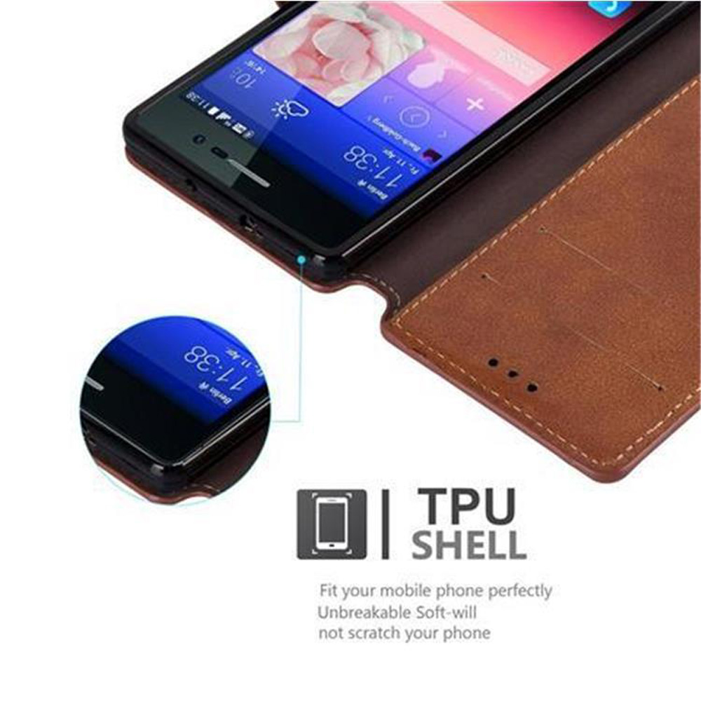Un telefono in una custodia in pelle marrone, con l'ora visualizzata. Visibile il logo TPU shell.