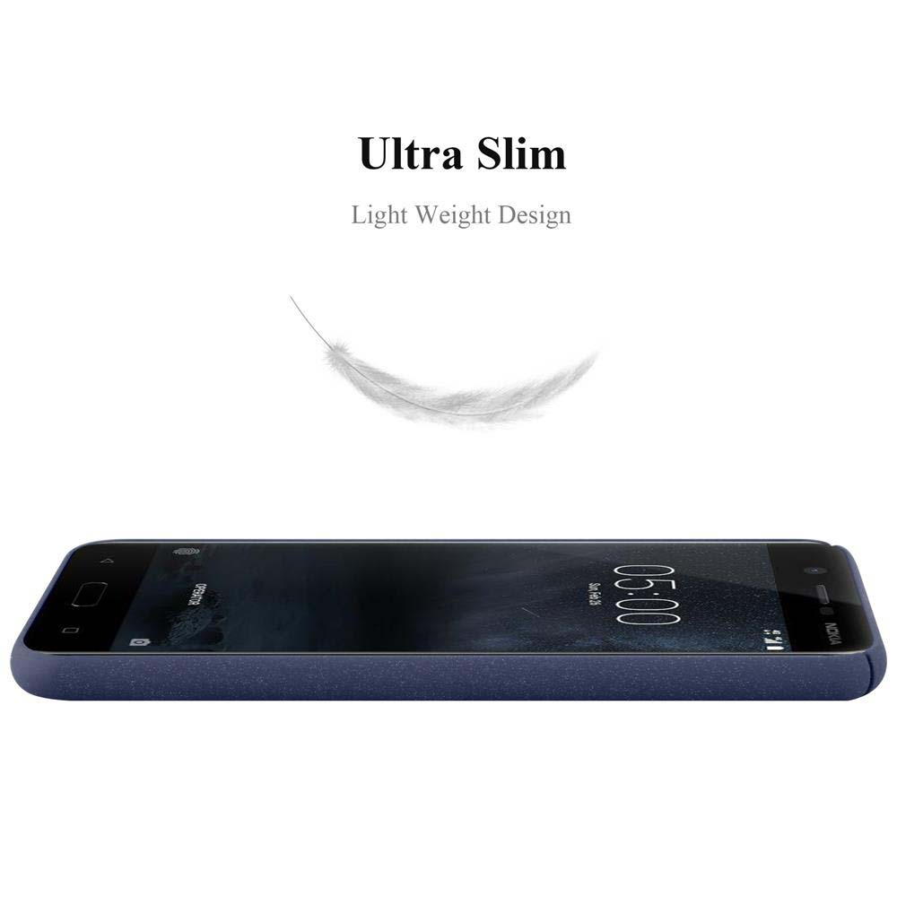 Dunkelblaue Handyhülle mit Telefon, auf weißem Hintergrund. Text: Ultra schlank, leichtes Design.