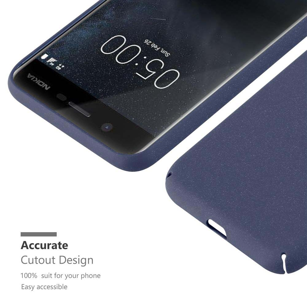 Eine blaue Handyhülle wird mit dem Telefon darin gezeigt. Es hat ein präzises Ausschnittdesign.