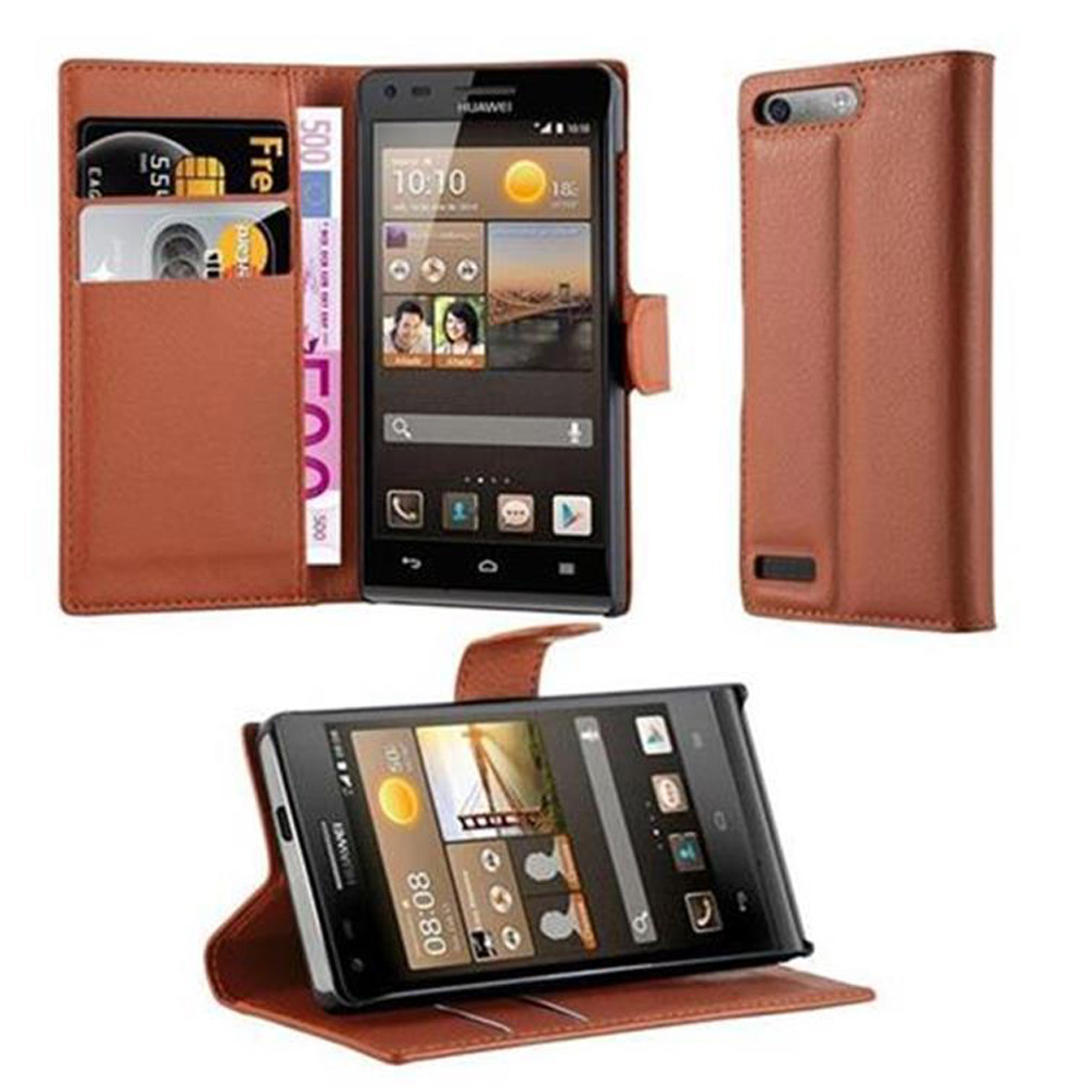 Funda de teléfono con teléfono y dinero. La funda es marrón, mostrando una pantalla de teléfono, con un billete de 500 euros.