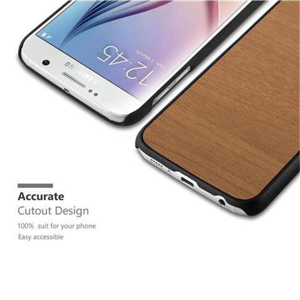 Telefon und Hülle mit Holzoptik, wobei das Telefon darin liegt.