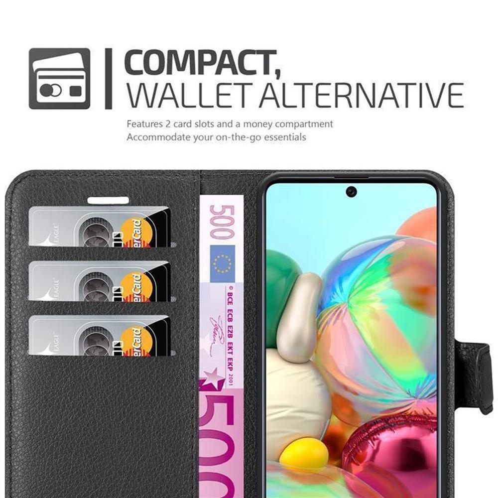 Custodia nera per telefono con scomparti per carte e banconote, con un telefono con sfondo colorato.