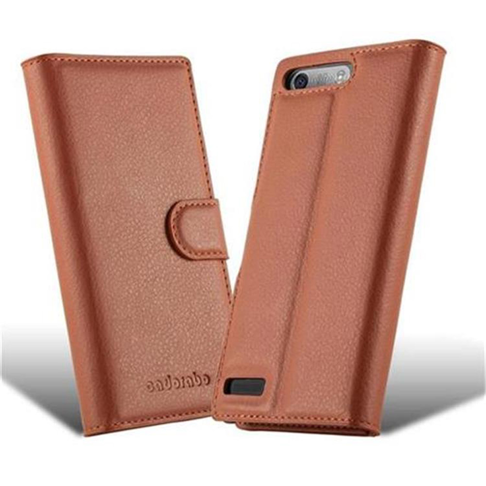 Dos fundas de teléfono marrones, una abierta, otra cerrada. Las fundas son de material texturizado.