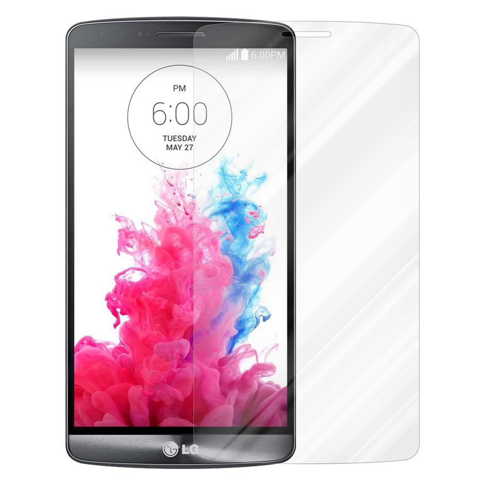Un smartphone con protector de pantalla. La pantalla muestra un diseño abstracto y colorido.