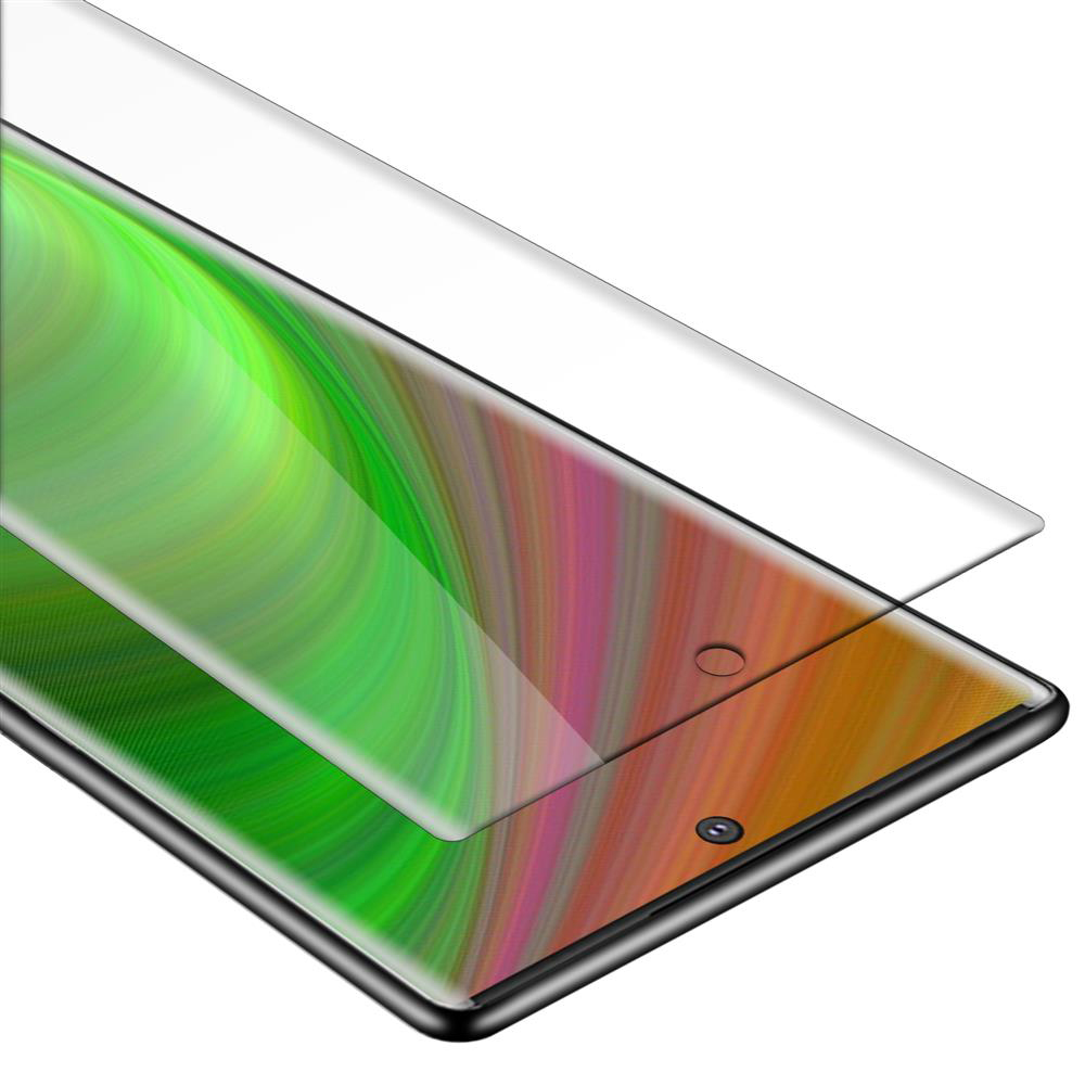 Telefono con una protezione per lo schermo. Il telefono mostra uno sfondo astratto verde e arancione.