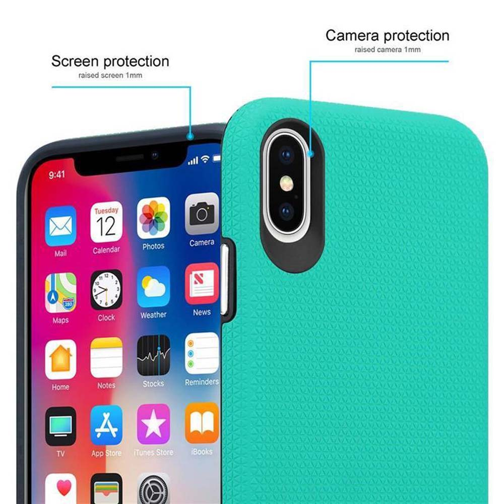 Telefono con custodia turchese. Testo: Protezione schermo, protezione fotocamera. Schermo rialzato 1 mm.