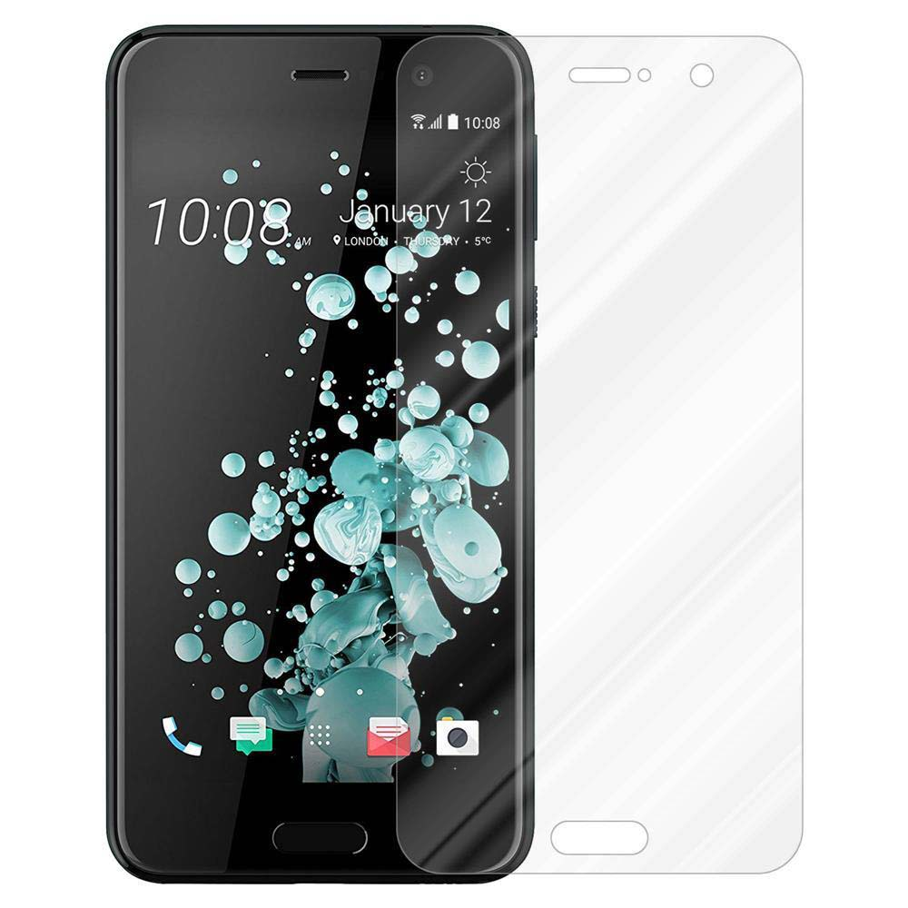 Teléfono con protector de pantalla. Muestra hora y fecha. Protector transparente sobre la pantalla.