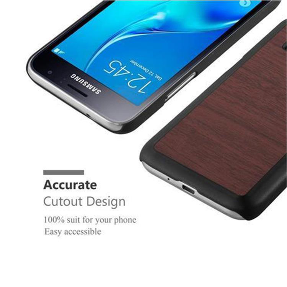 Uno smartphone con custodia, che mostra lo schermo. La custodia è marrone con venature del legno. Lo schermo mostra le 12:45.